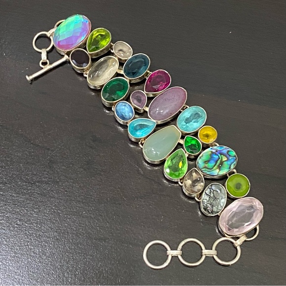 Stunning Multicolored Gemstones Crystals Mixed Cabochon Wide Bracelet 55.1g - Picture 3 of 16